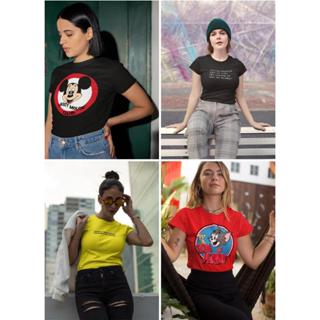 Kit 3 T-shirt Feminina Manga Curta Gola Redonda Malha 100% Algodão Premium