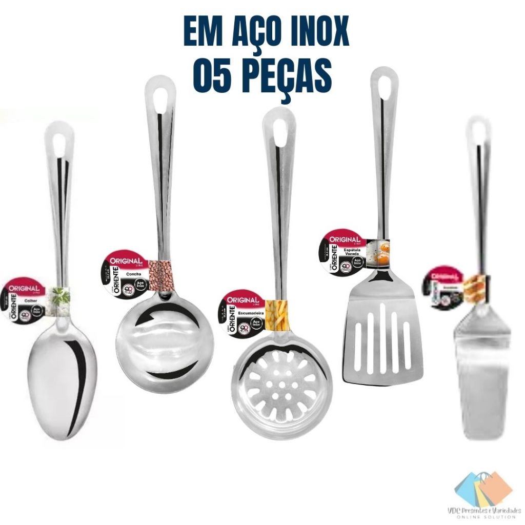Kit 05 Peças Colher Concha Escumadeira Espátula Bolo Espátula Vazada Para Servir Doce Salgado Aço Inox Barato Pratico Cozinha