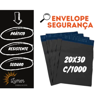 1000 Envelope de Segurança Plástico Preto 20x30 Envelope Ecommerce, Saco Ecommerce, Saco correio, Saco com lacre Inviolável