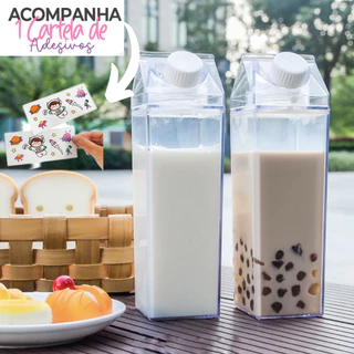 Garrafa de Acrilico Transparente com Adesivos Sem BPA Plástico Caixa de Leite 1 Litro Suco Bebidas Organizadora Geladeira Achocolatado Água Danone