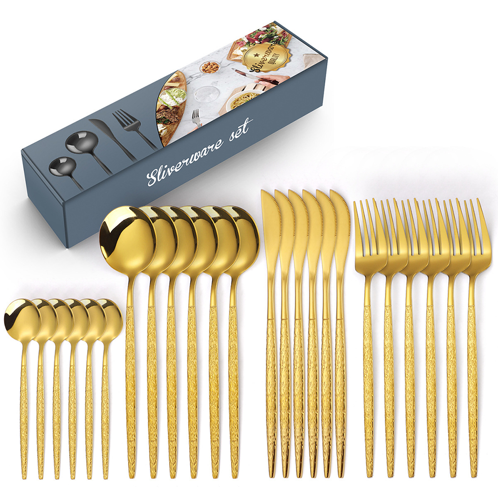 Kit 24 Peças Inoxidável 416 Jogo De Talheres Dourados Aço Padrão De Árvore FDA CE LFGB ROHS