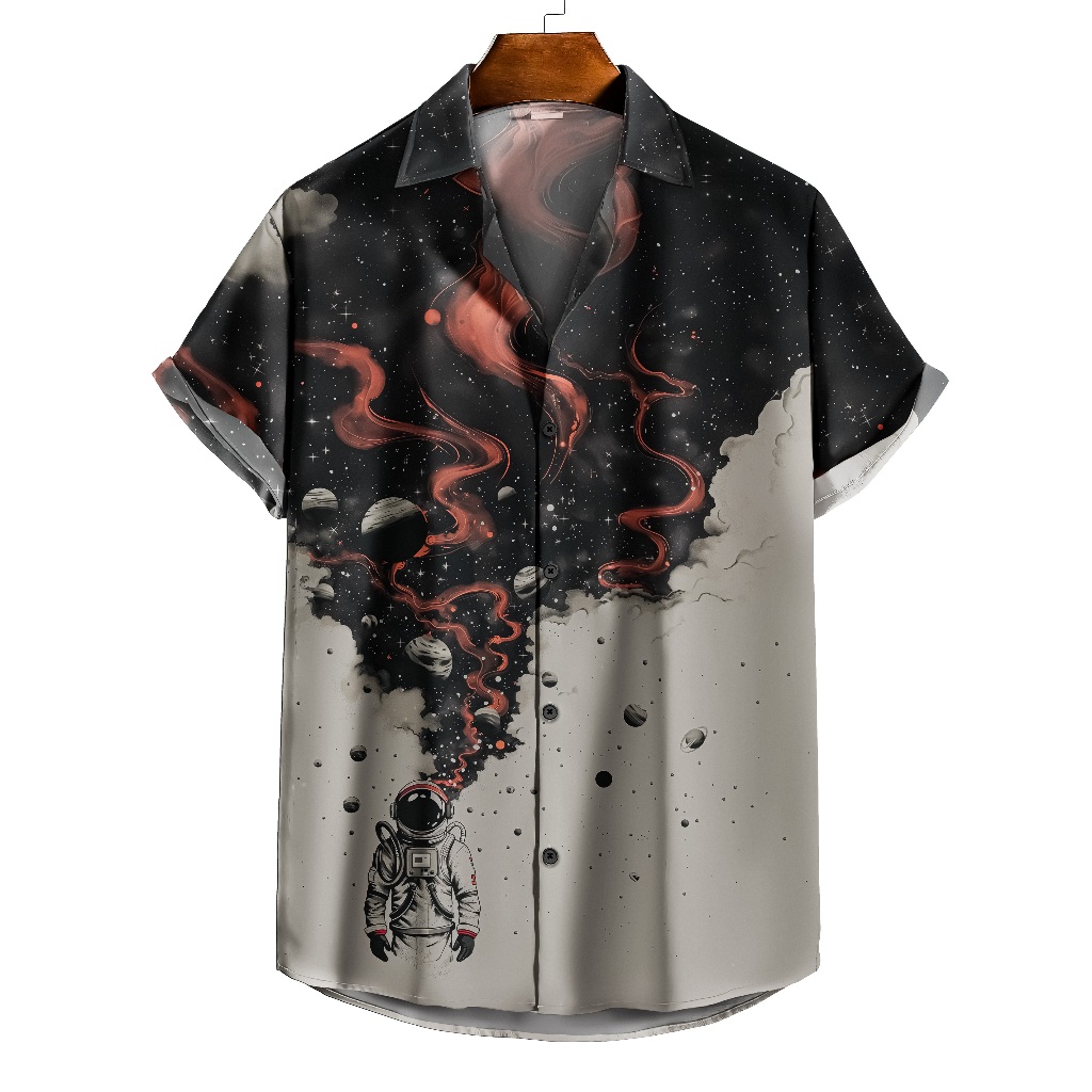 Camisa de Botão Preto e branca astronauta planetas universo