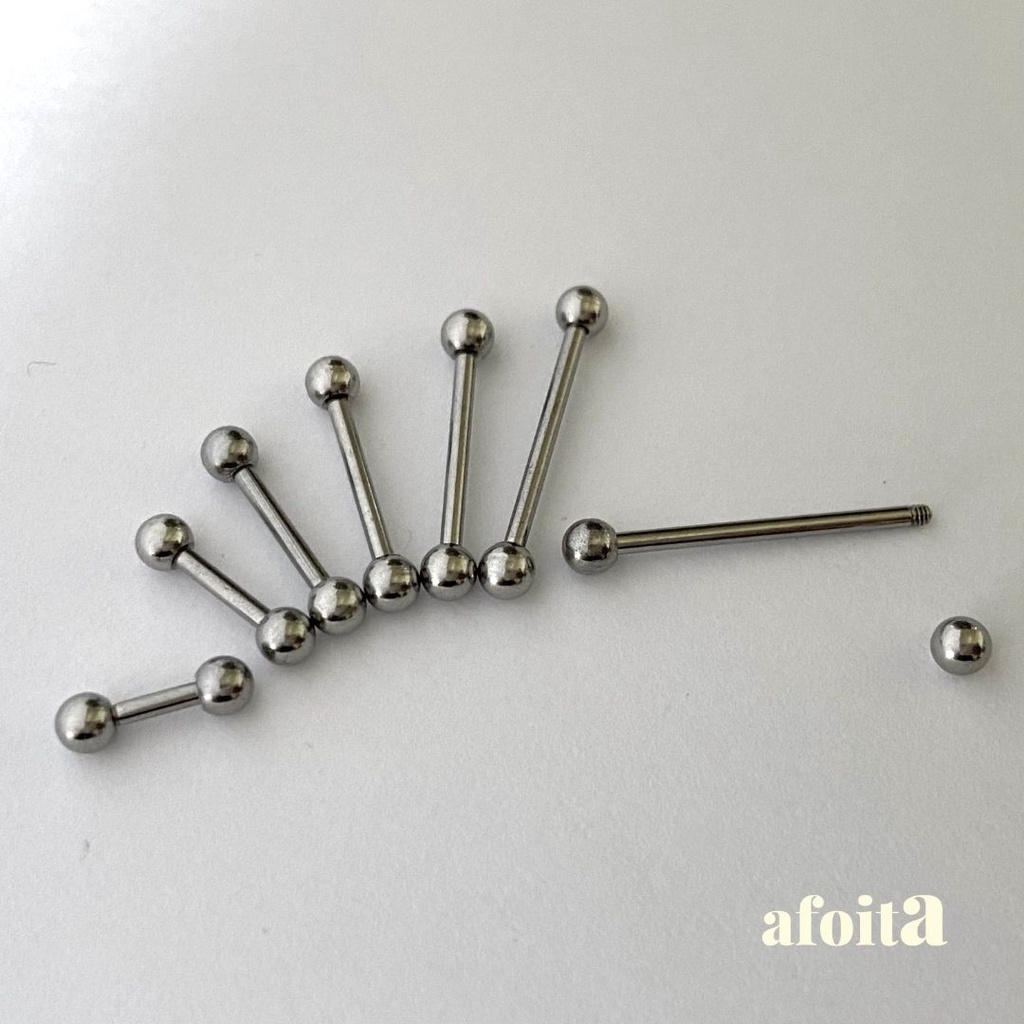 Kit 4 Unidades Piercing Barbell com Bolinhas de 3, 4, 5 ou 6mm em Aço Cirúrgico Prateado para língua, mamilo ou cartilagem (tragus, helix, lóbulo, etc)