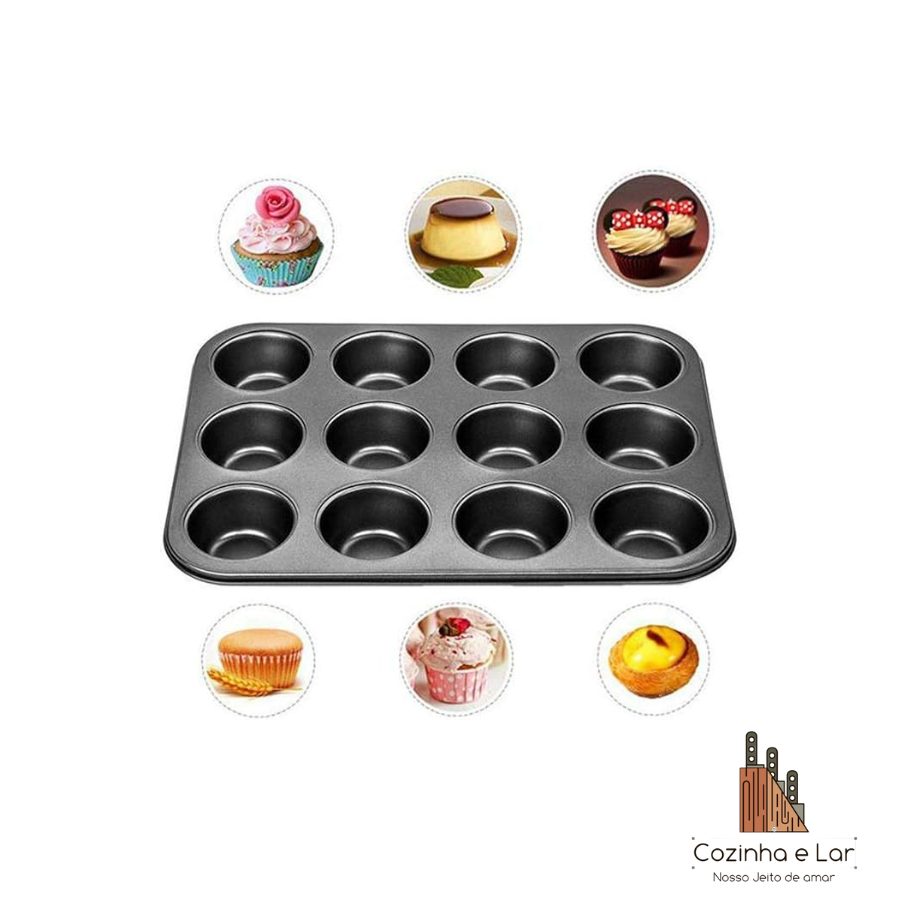 Forma de Cupcake Grande - 12 Cavidades Antiaderente em Aço Carbono com Teflon