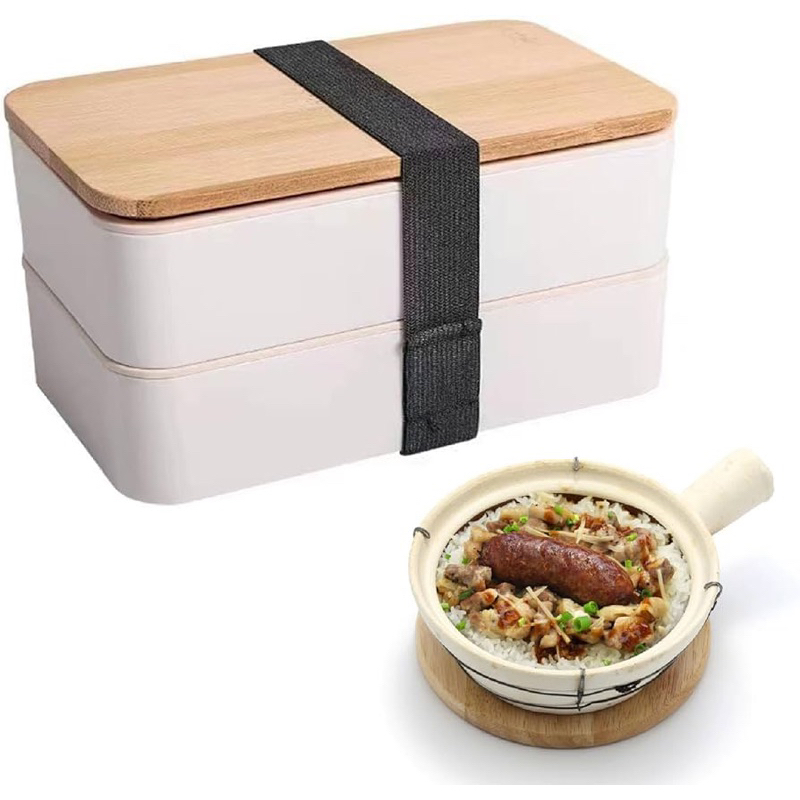 Marmita Retangular 950ml Bambu Plástico com Elástico com Talheres