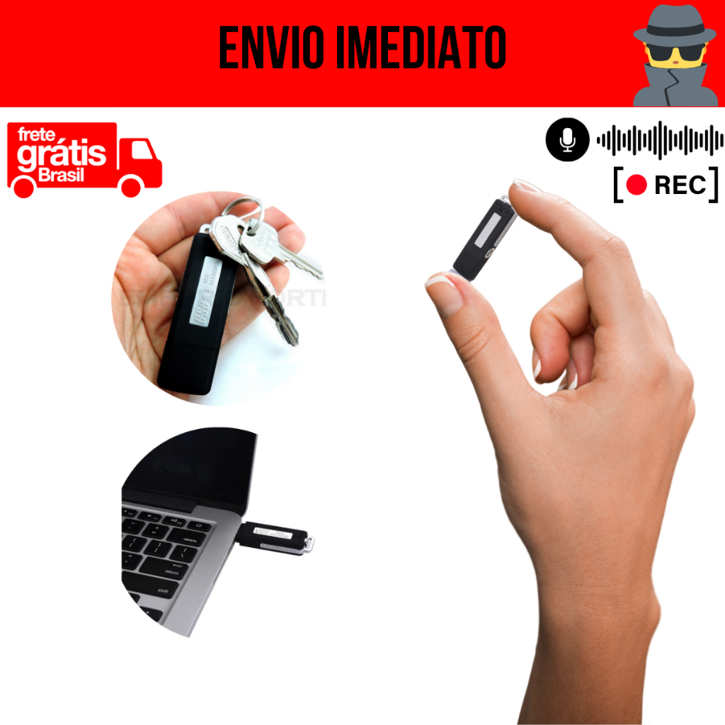 Gravador De Voz Audio Som Escuta Pendrive 8gb Grava até 15hrs