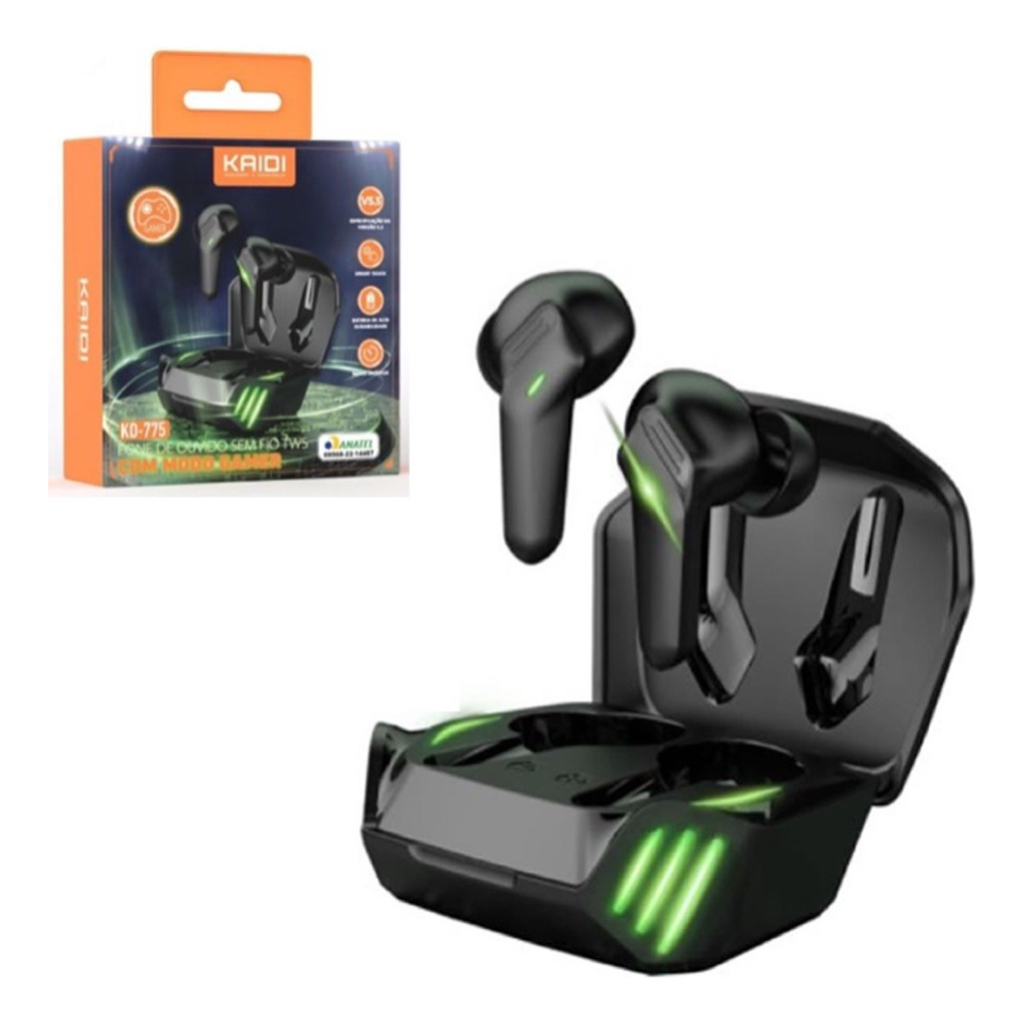 Fone de Ouvido Sem Fio Kaidi 775 Gamer Led Bluetooth Academia Treino Preto