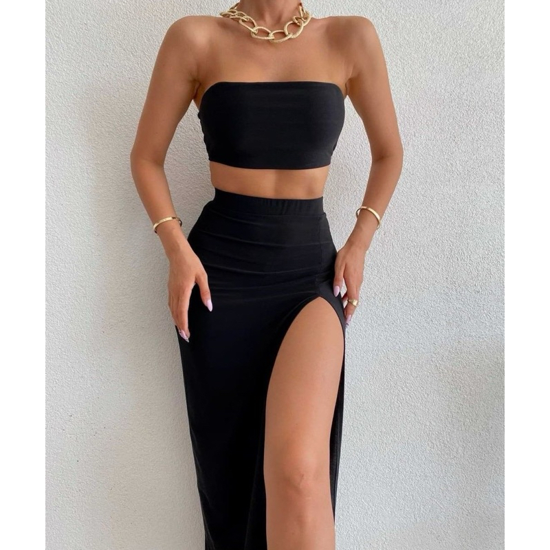 conjunto feminino saia longa com fenda e tube top preta suplex