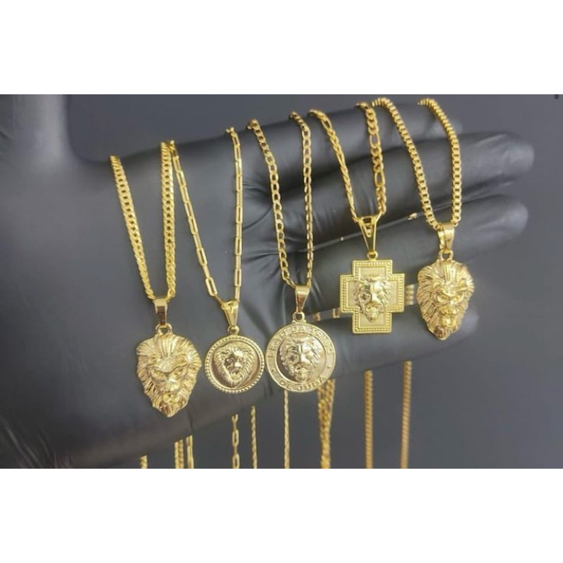 kit 6 peças corrente + pingentes aço banhado a ouro 18k