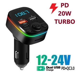 QC3.0 - Carregador USB Turbo PD 20W Carro TYPE-C Transmissor Receptor FM Bluetooth Veicular X8 MP3 Rádio Com Luz LED Arco-Íris