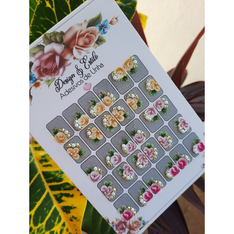 Adesivos de Unha Artesanal 30 Unidades Cartela De Flores Pedrarias ...