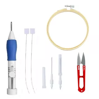 Kit Agulha Mágica Caneta Ponto Russo Punch Needle 12 graduações + Bastidor 20cm Trava Regulável + Tesoura de arremate
