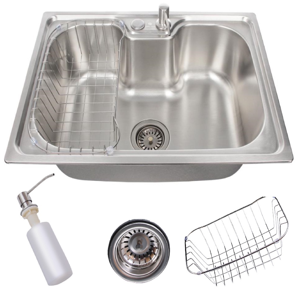 Cuba Para Cozinha Com Acessórios, 40x50x20,5 cm, Gourmet, Com Borracha Anti-ruído, Aço Inox Escovado, Inclui Cesto Escorredor, Dosador De Detergente 300ml, Válvula De Escoamento, Prata