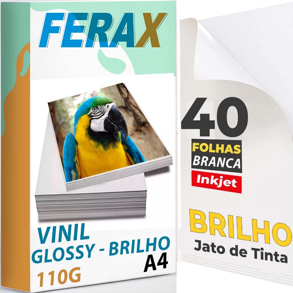 Ferax 40 Folhas Vinil Branco Brilho Adesivo 110g A4 Impressora Jato de ...