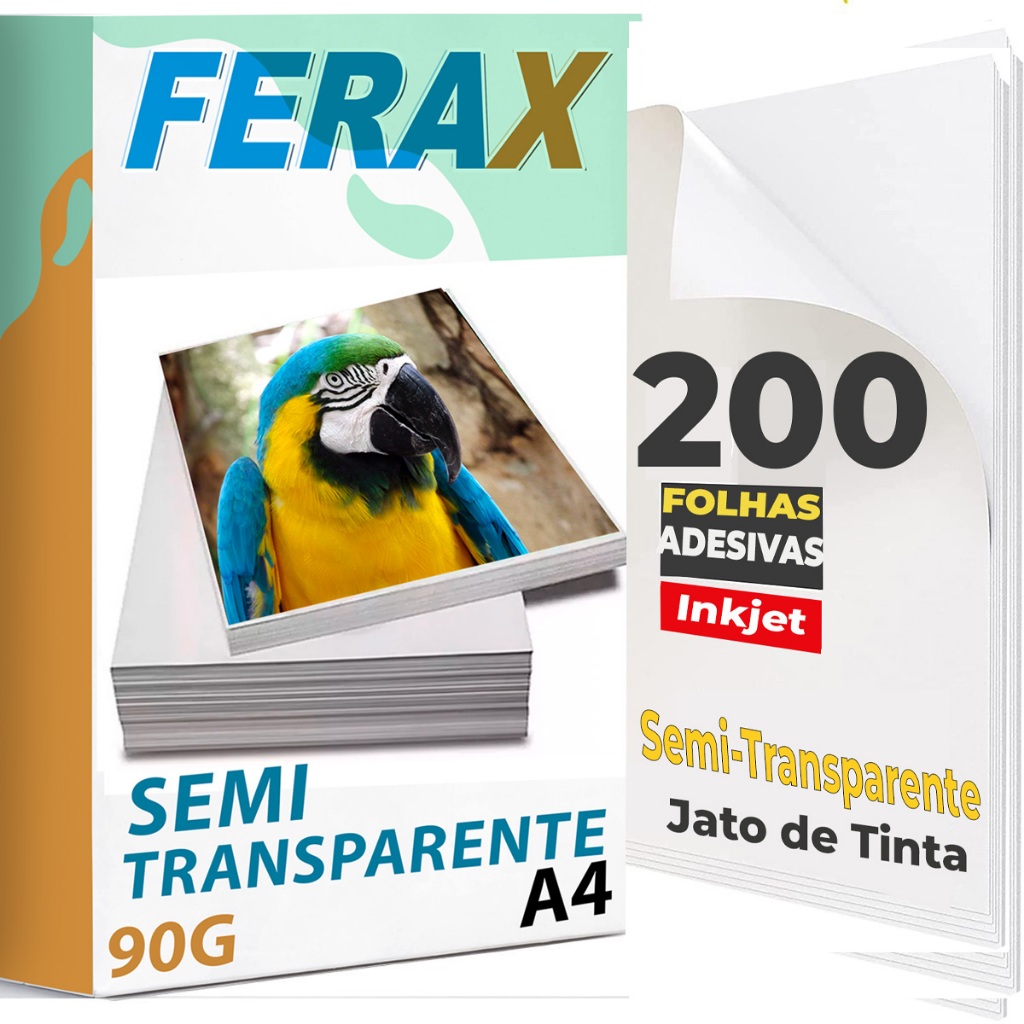 Ferax 200 Folhas Vinil Semi Transparente Adesivo A4 Impressora Jato de ...
