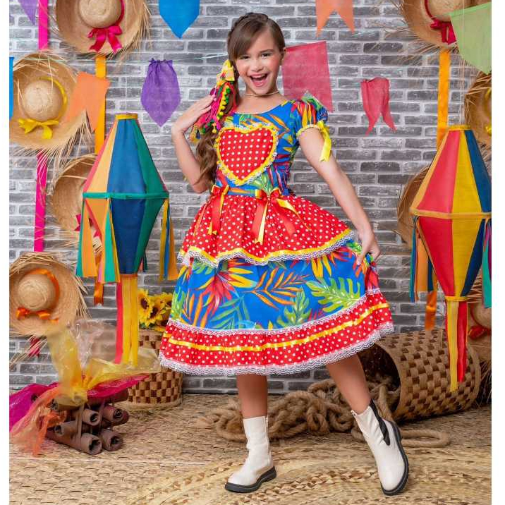 Vestido Infantil Luxo Festa Junina Coração Vermelho com Fitas