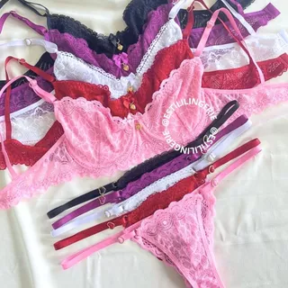Kit 2 Conjunto Lingerie Renda Sensual Sem Bojo Com Aro Detalhes e Pingente Coração Lingerie Feminina