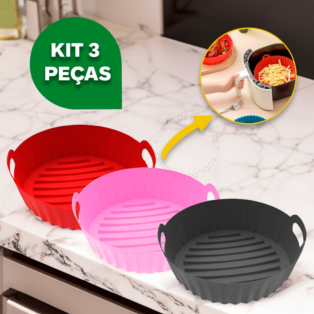 Kit 3 Formas Assadeira Para Fritadeira Air Fryer Em Silicone Flexível Lavável