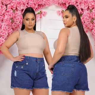 Short Jeans Feminino Plus Size Cintura Alta Ilhós 100% Jeans 46 ao 54