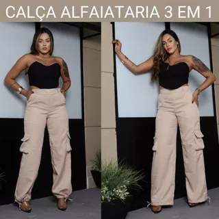 Calça Feminina 3 em 1 Pantalona Jogger Cargo Tecido Alfaiataria Linha Premium 4 Bolsos Abertura na Cintura Ziper Regulagem na Barra com Cordao Calça Jogger Feminina Calça Pantalona Bomber Verde Militar Preto Fucsia Bege Moda Bloguerinha Cintura Alta Cos