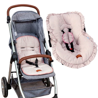 Kit Capa Carrinho Acolchoada e Capa de Bebê Conforto Redutor Linho Premium Batistela Baby