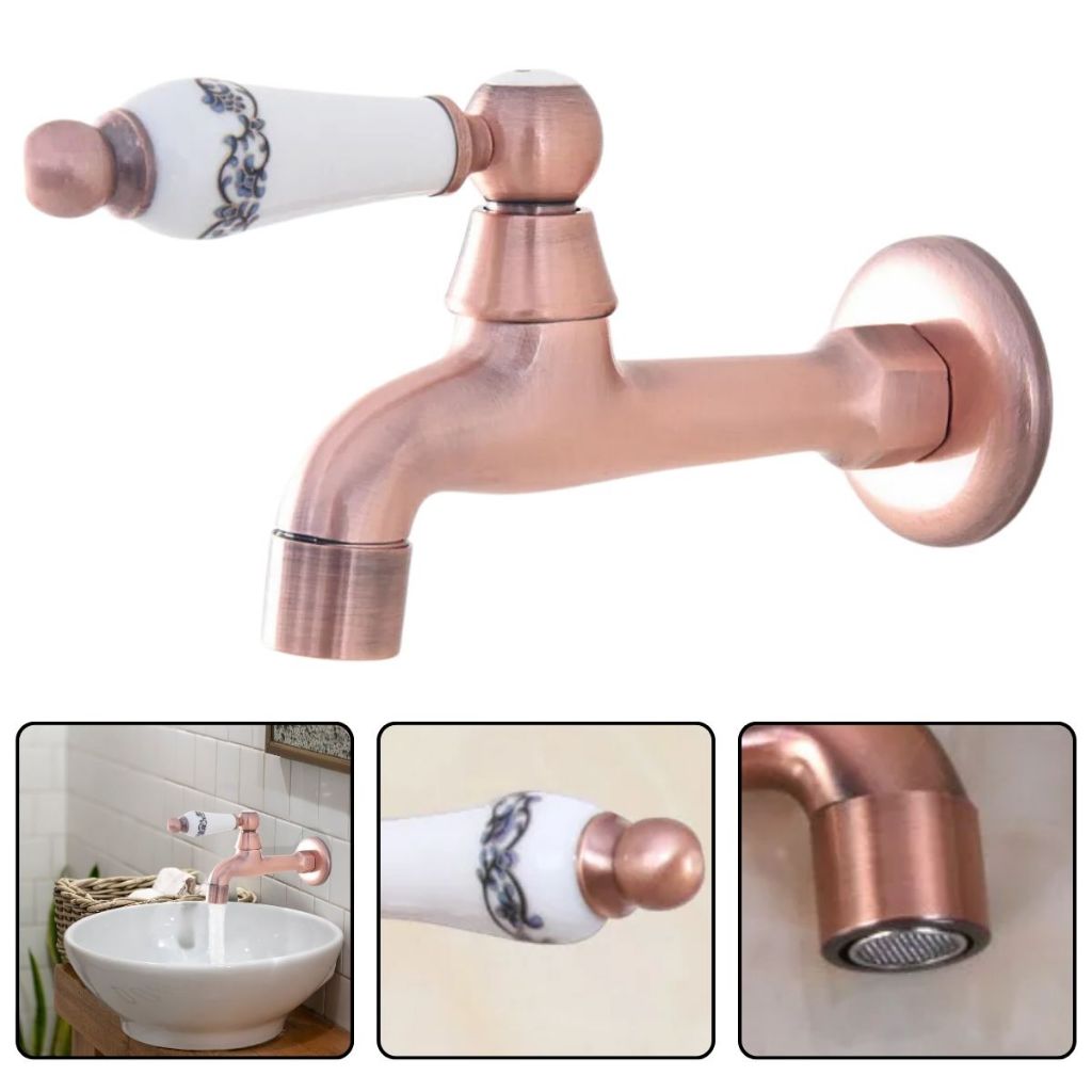 Torneira Banheiro Lavabo Lavatorio de Parede em Metal Latão c/ Detalhes em Cerâmica Cor Rose Gold Provençal Vintage