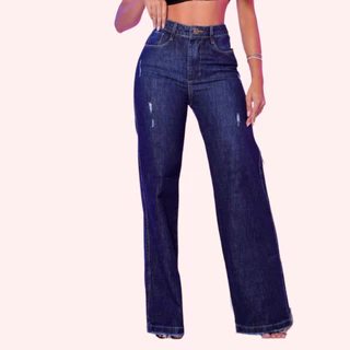 Calça Jeans Feminina Wide Leg com puidos pantalona cintura alta