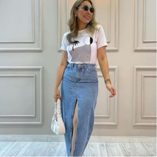 Saia Jeans Midi em Oferta