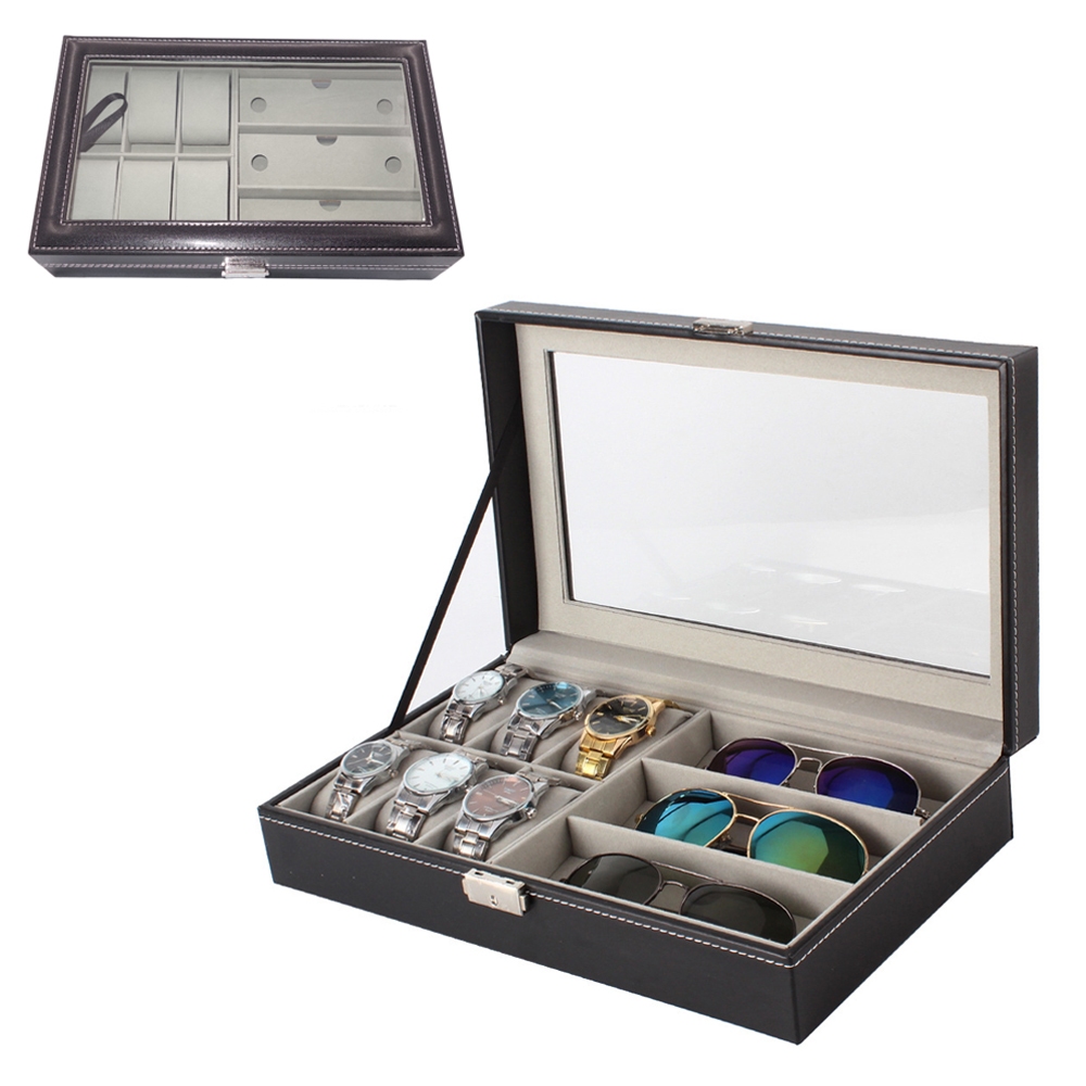 Estojo Maleta Caixa 6 Relógios 3 Óculos Couro Ecológico Luxo