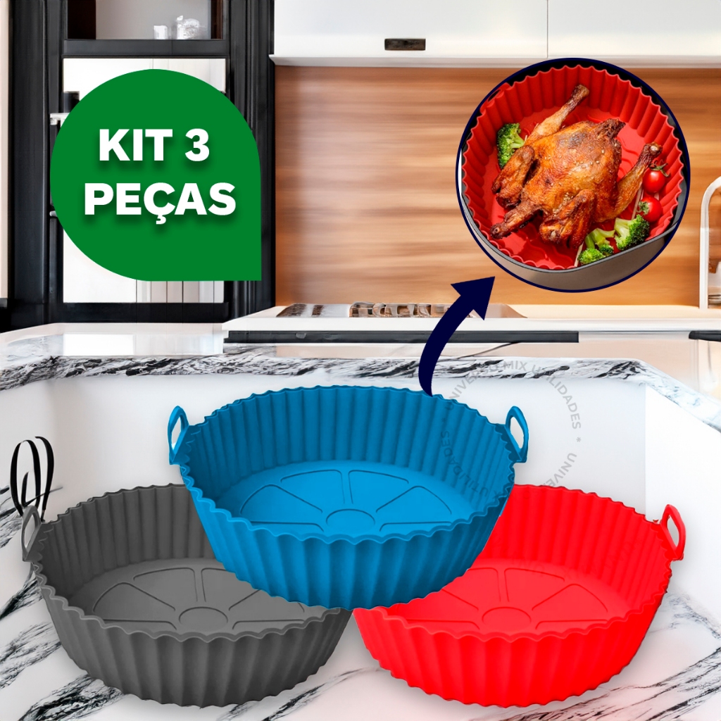 Kit 3 Formas Assadeira Para Fritadeira Air Fryer Em Silicone Flexível Lavável
