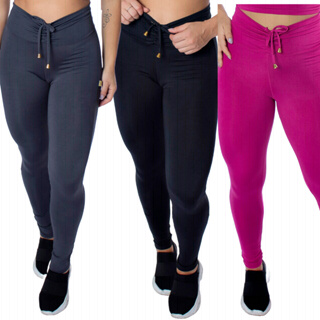 Kit com 3 Calça legging feminina básica cós alto academia fitness