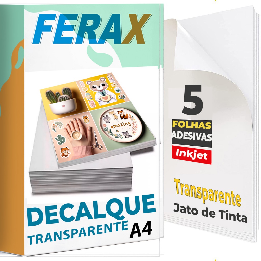 5 Papel Decalque Transparente Adesivo Gomado para Impressora Jato de Tinta, impressão transfer copo, caneca, vidro, velas, plástico, madeira, metal, tatuagem