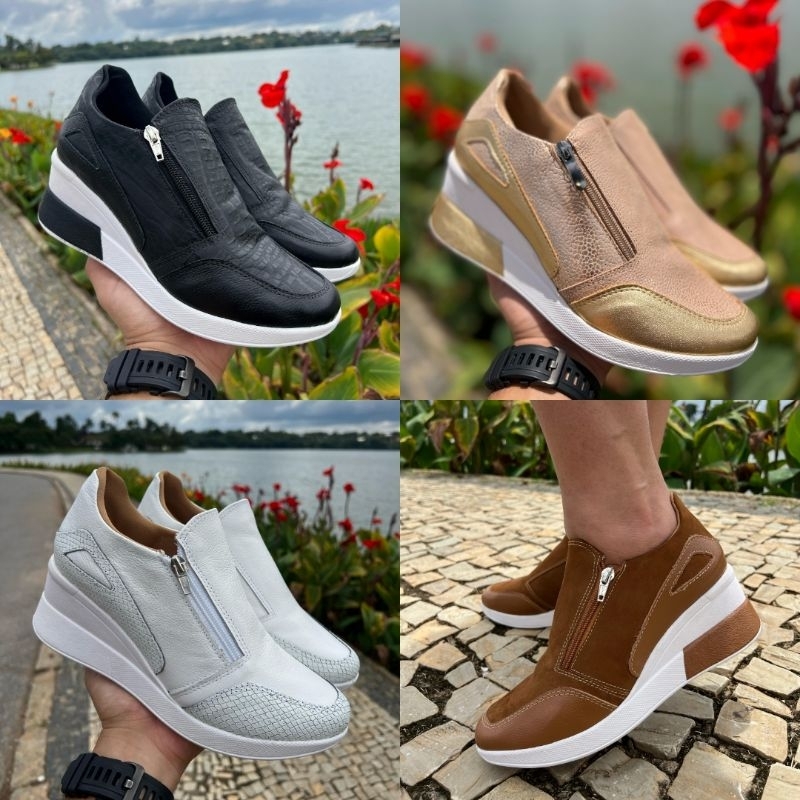 Tênis feminino salto plataforma sneakers em couro ortopédico fascite  plantar