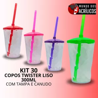 KIT 30 COPOS TWISTER 300ML CRISTAL COM TAMPA E CANUDO PARA PERSONALIZAR ADESIVAR BRINDE FESTA