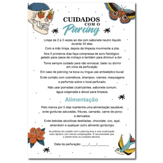 50 Cartões Cuidados com Piercing Studio Pós Furação Atenções