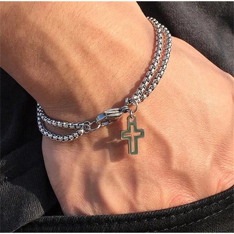 Pulseira Pulseiras De Corrente Dupla Camada De Aço Inoxidável Para Homens Pingente Cruz De Charme Garra De Lagosta/Jóias De Mod