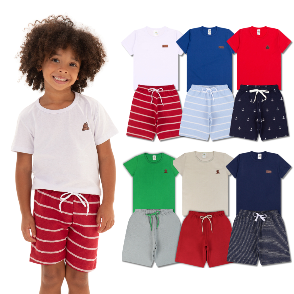 Kit Básico 8 Peças Roupa Infantil Menino - 4 Camisetas Básicas + 4 Bermudas