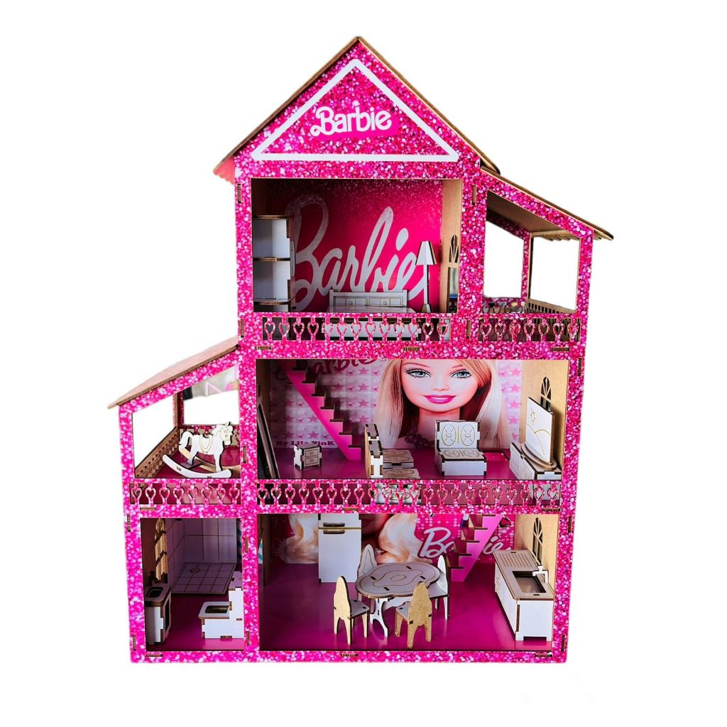 Casinha Boneca Barbie Casa Rosa Gliter 22 Móveis Adesivada Mdf
