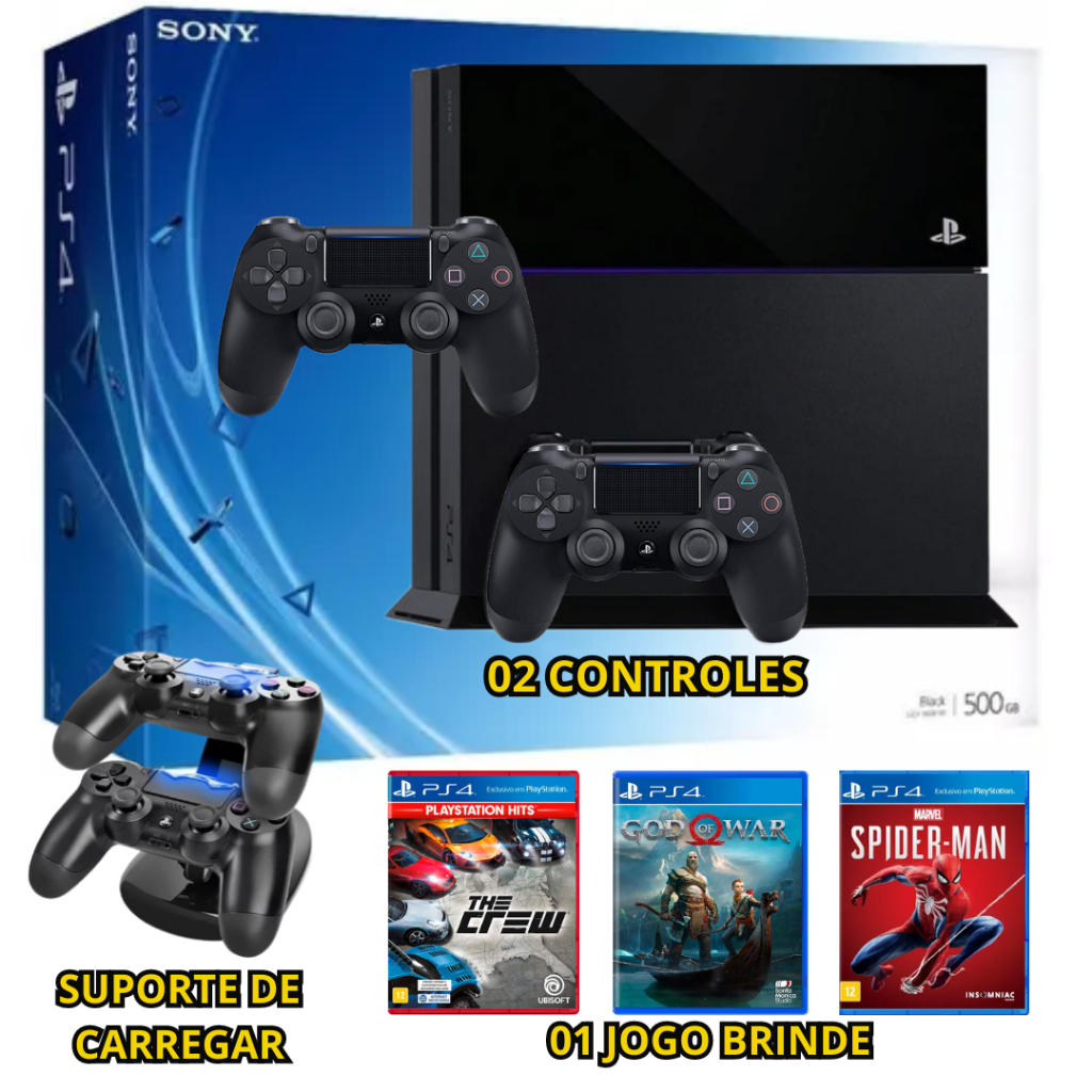 Playstation 4 - Video game Ps4 500Gb com 2 controles + jogo Brinde + Base de carregamento com Led - Original - Semi novo