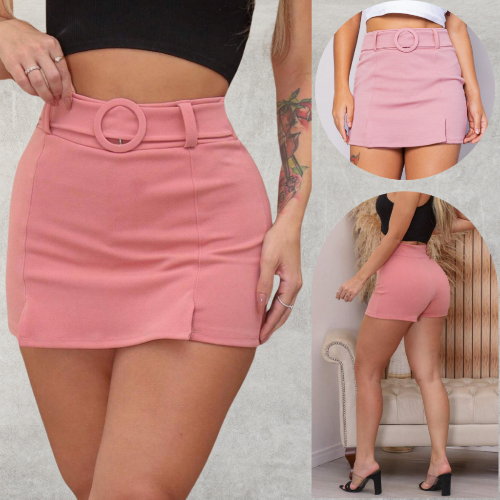 Short Saia Feminino Com Cinto Forrado Shorts Fenda Lateral Cintura Alta Curto Malha Crepe Premium