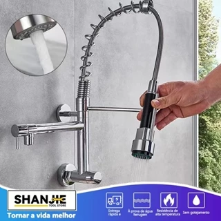 Torneira Cozinha Gourmet Monocomando Torneira na parede Com Spray Extensor Prata Torneira de cozinha superior Tubo de água flexível para ajustar qualquer ângulo