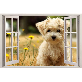 Adesivo Janela Parede Cachorrinho Cachorro Natureza Fofo 3d