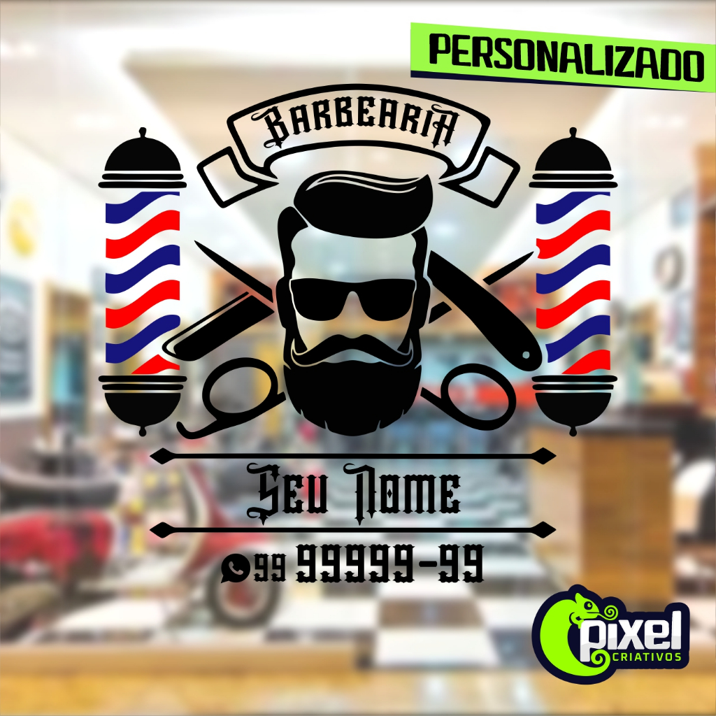 Adesivo Vinil PERSONALIZADO Barbearia - Seu Nome - Seu Fone - Vitrine ...