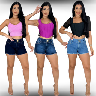 Kit 3 Shorts Jeans 2B Barra Desfiada Feminina Cós Intermediário Lycra Elastano Boa e Barato