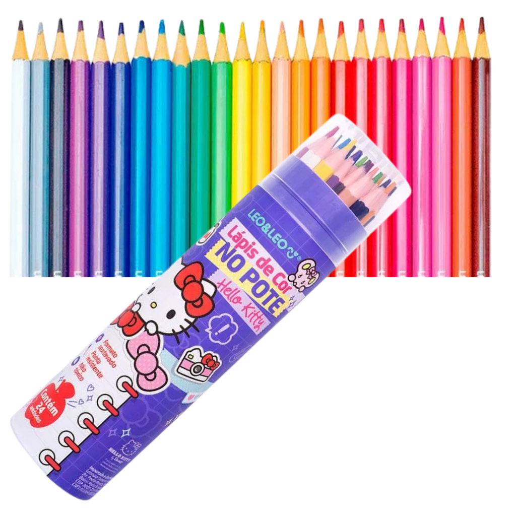 Kit Lápis De Cor 24 No Pote Hello Kitty gato escolar | Shopee Brasil