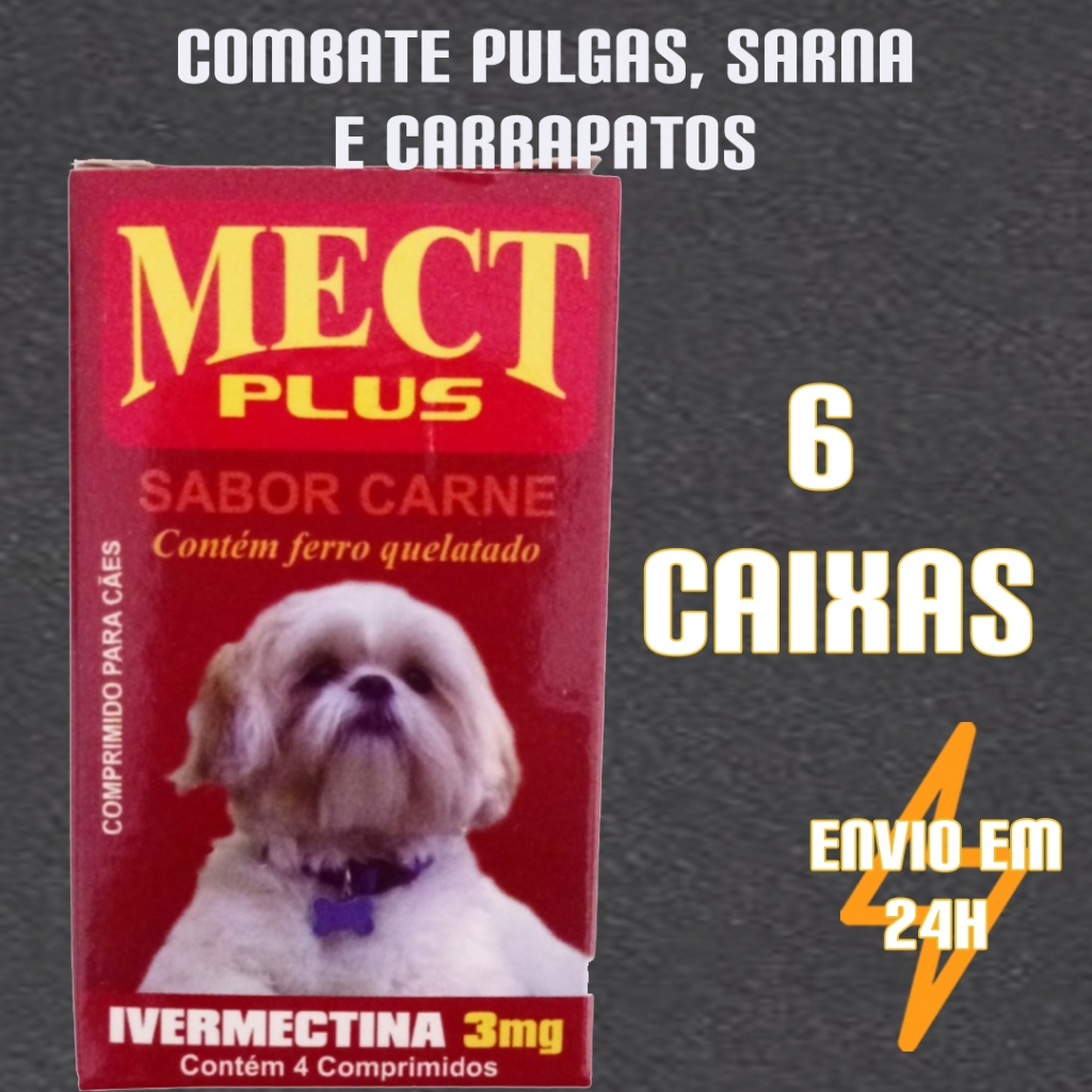 Kit 6 Caixas Mect Plus 3mg Anti-Carrapato, Pulgas e Sarnas Cães e Gatos ...