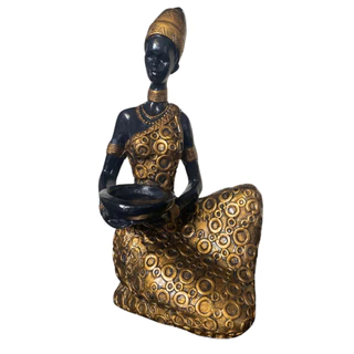 Escultura Africana Ajoelhada Artesanal Dourada com Preto Moderna Decoracao de casa