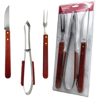 Kit Churrasco Luxo Pegador De Carne Faca De Corte Garfo Trinchante Aço Inox 3 Pçs Cabo Longo Madeira