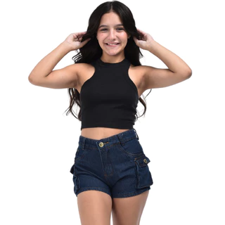 Short cargo jeans com bolso infantil juvenil 10 ao 16