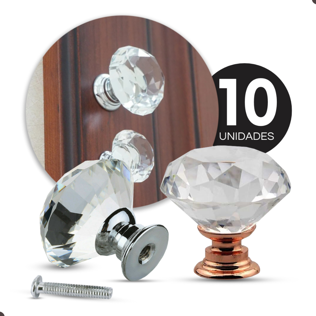 Kit 10 PEÇAS Puxadores Cristal Diversos Tamanhos Porta Gaveta Rose Gold ou Prata/Cromado